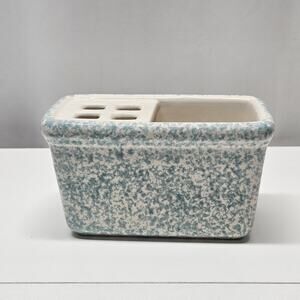 Vintage Ceramic Stoneware Toothbrush Holder Crock Blue Spongeware Bathroom